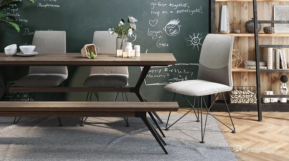 Wooden Dining Table Set With Chairs Bench And Chalkboard Wall Decorations 3d model 