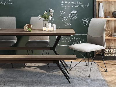 Wooden Dining Table Set With Chairs Bench And Chalkboard Wall Decorations 3d model