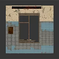 Cartoon Scene of Vintage Interior With Wooden Bookshelf Table Window And Distressed Blue Walls