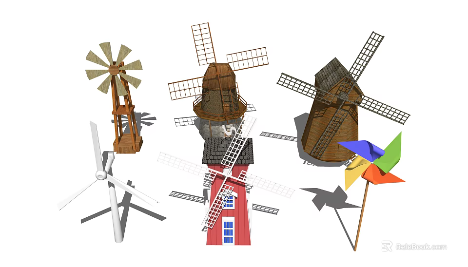Various Windmill Architectural Structures With Different Designs And Style Features 3d model 