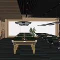 Spacious Billiard Room With Multiple Tables Large Windows Patterned Carpet And Black Slatted Ceiling 3d model