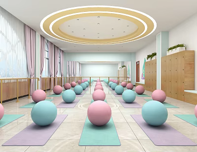 Fitness Studio With Neatly Arranged Yoga Balls On Colorful Yoga Mats 3d model