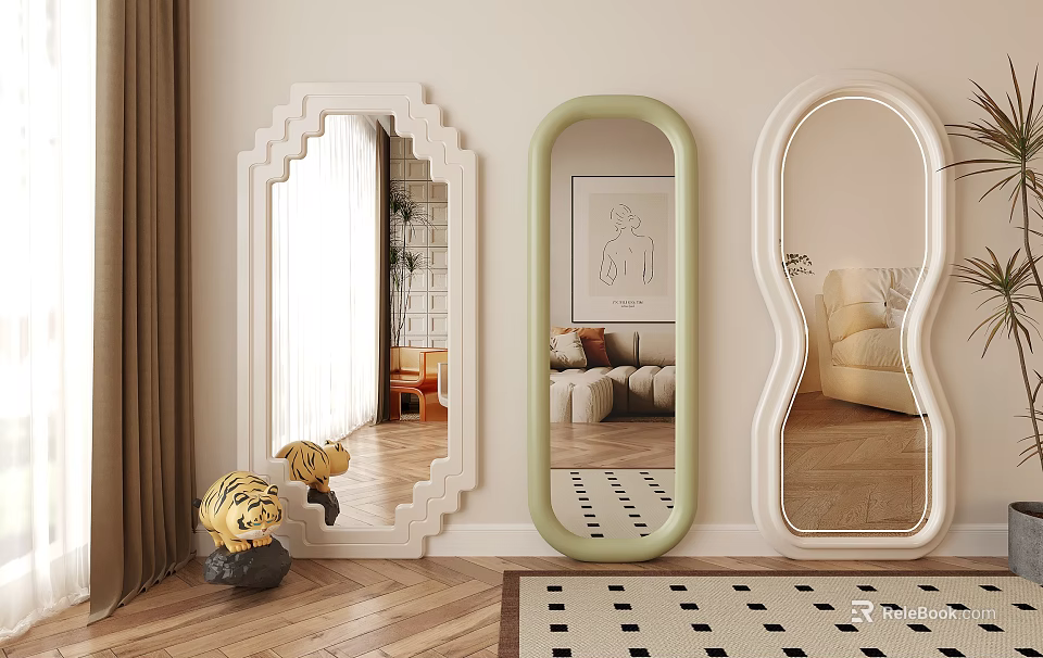 Decorative Mirrors With Different Shaped Frames In Modern Living Room Space 3d model