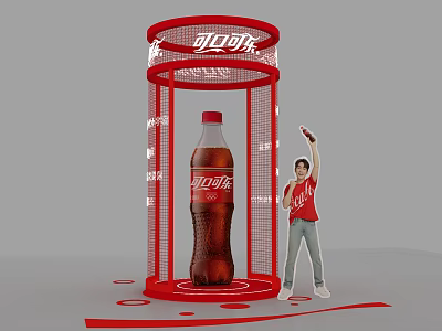 Coca Cola Bottle Display With Red Circular Structure And Person In Red Shirt 3d model