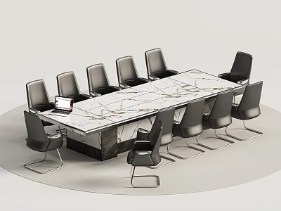 Modern Conference Table Interior With Marble Top Black Chairs And Laptop 3d model