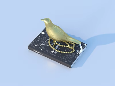 Decorative Ornament Set With Golden Bird Figurine On Black Book And Golden Bead Necklace 3d model