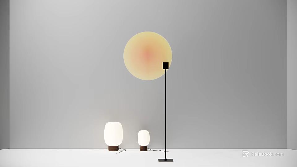 Modern Floor Lamp with Round Yellow Shade and Small White Lamps in Minimalist Interior 3d model 