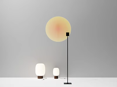 Modern Floor Lamp with Round Yellow Shade and Small White Lamps in Minimalist Interior 3d model