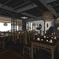 Traditional Restaurant Interior With Wooden Tables Chairs And Ornate Hanging Pendant Lights
