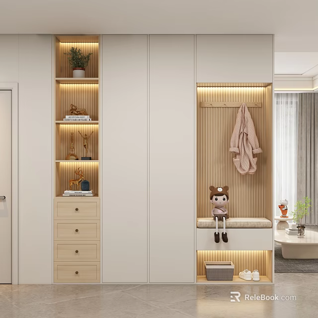 Modern Shoe Cabinet With Lighting Shelves Plants Decorations Clothing Rack And Bench 3d model 