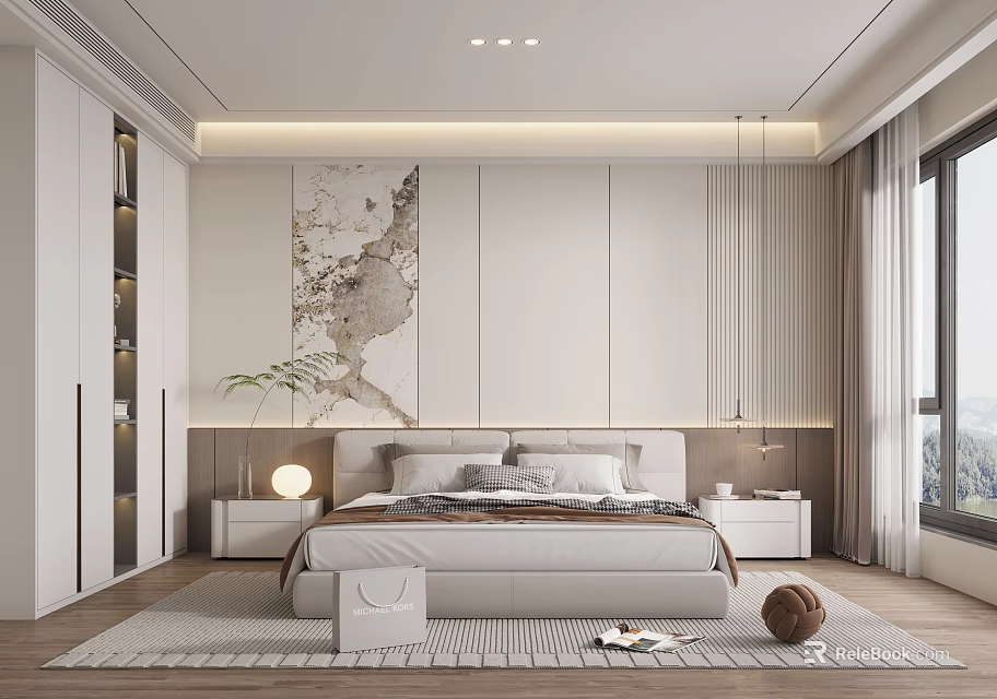 Modern Minimalist Bedroom Interior With Upholstered Headboard Decorative Wall Art Nightstands Pendant Lights And Area Rug 3d model 