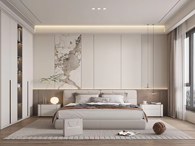 Modern Minimalist Bedroom Interior With Upholstered Headboard Decorative Wall Art Nightstands Pendant Lights And Area Rug 3d model