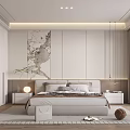 Modern Minimalist Bedroom Interior With Upholstered Headboard Decorative Wall Art Nightstands Pendant Lights And Area Rug