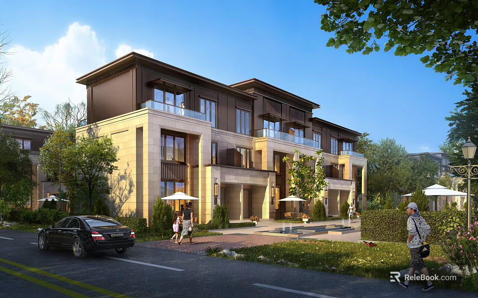 Modern Townhouse Exterior Design With Multiple Units Balconies Large Windows And Greenery 3d model 