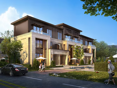 Modern Townhouse Exterior Design With Multiple Units Balconies Large Windows And Greenery 3d model