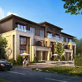 Modern Townhouse Exterior Design With Multiple Units Balconies Large Windows And Greenery