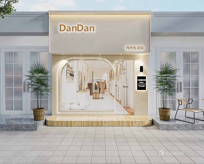 DanDan Storefront Exterior With Elegant Interior Scene Window Display And Palm Trees 3d model