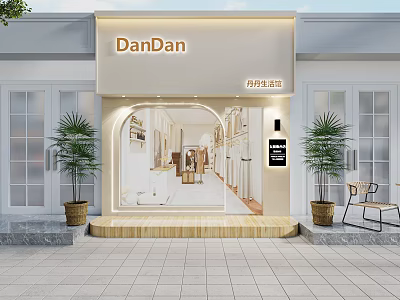 DanDan Storefront Exterior With Elegant Interior Scene Window Display And Palm Trees 3d model