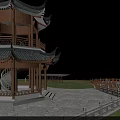 Traditional Chinese Pagoda with Wooden Structure Curved Eaves in Courtyard Stone Path and Railing