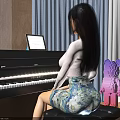 A Woman Sitting At Piano With Music Sheet And Purple Block Bear Toy