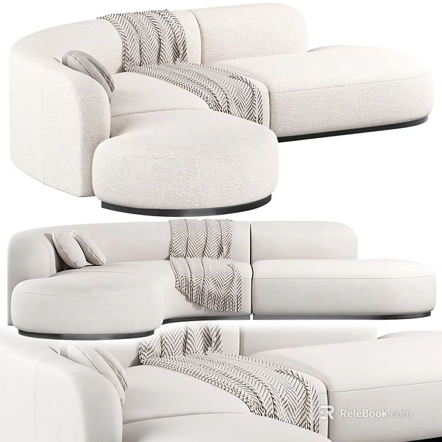 Modern Beige Fabric Sectional Sofa With Plush Cushions And Soft Knitted Throw Blanket 3d model 
