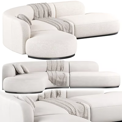 Modern Beige Fabric Sectional Sofa With Plush Cushions And Soft Knitted Throw Blanket 3d model