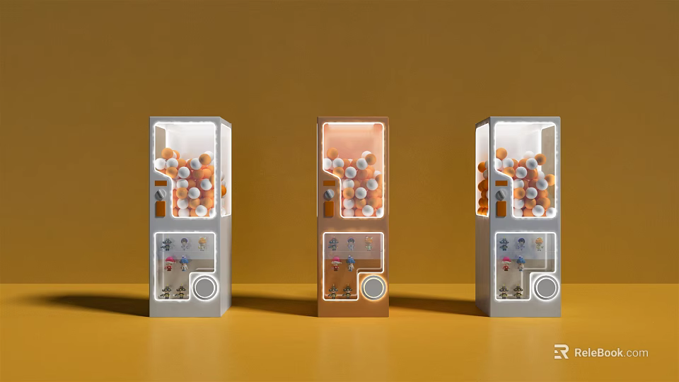 Three Colored Amusement Claw Game Machines With Transparent Front And Orange Balls 3d model 