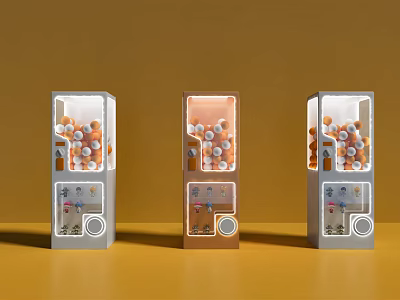 Three Colored Amusement Claw Game Machines With Transparent Front And Orange Balls 3d model