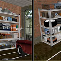 Organized Garage with Metal Shelving Tools Tires Storage Items and Red Car