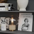 Decorative Ornament Set On Layered Shelves With Stacked Books Golden Bowl White Vases Marble Accents Lamp Picture Frame