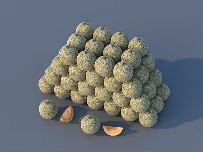 Fresh Stacked Cantaloupes In Pyramid Shape With Whole And Sliced Pieces On Gray Background 3d model