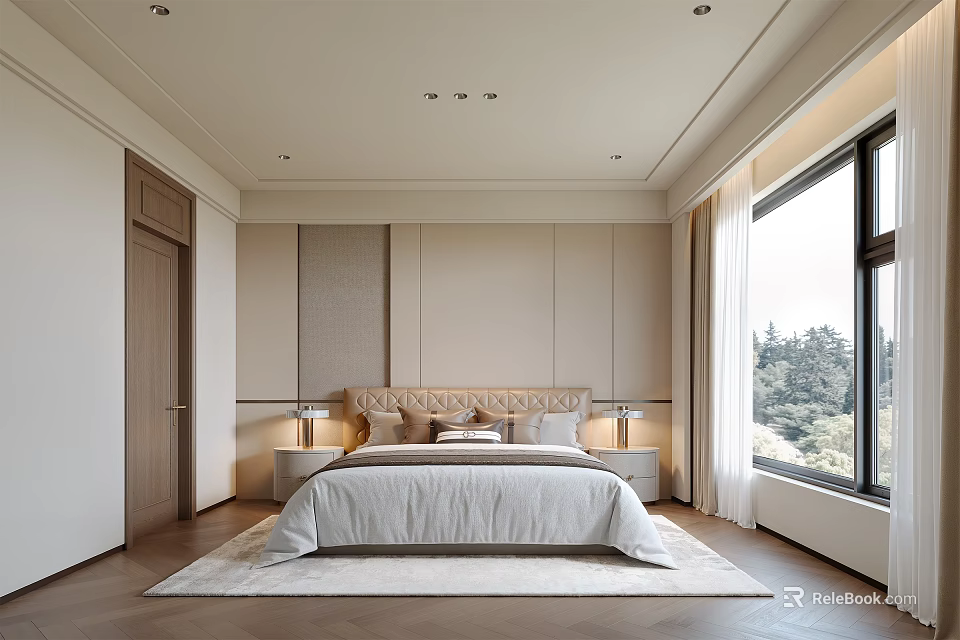 Modern Bedroom Interior With Carved Headboard Nightstands Lamps Large Windows Green View And Geometric Carpet 3d model 