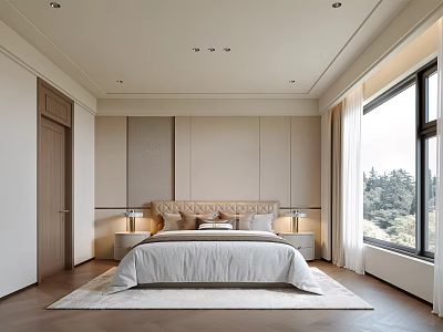 Modern Bedroom Interior With Carved Headboard Nightstands Lamps Large Windows Green View And Geometric Carpet 3d model