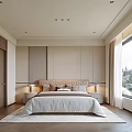 Modern Bedroom Interior With Carved Headboard Nightstands Lamps Large Windows Green View And Geometric Carpet