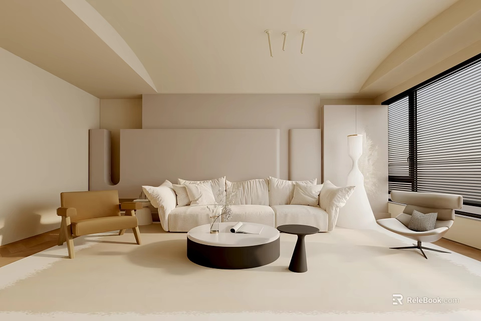 Minimalist Living Room Interior With Beige Sofa Round Coffee Table And Floor To Ceiling Windows 3d model 