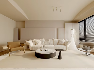 Minimalist Living Room Interior With Beige Sofa Round Coffee Table And Floor To Ceiling Windows 3d model