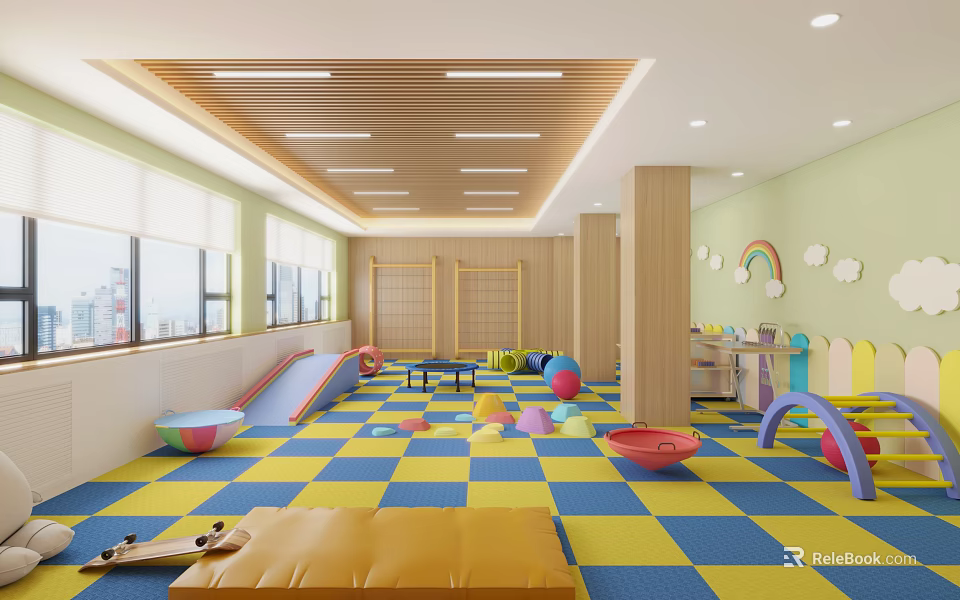 Bright Kindergarten Indoor Area With Colorful Toys Slides And Mats 3d model 