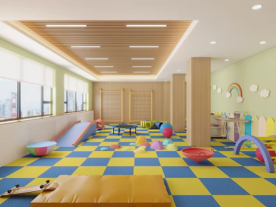 Bright Kindergarten Indoor Area With Colorful Toys Slides And Mats 3d model