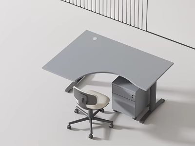 Minimalist Gray Desk With Curved Top Drawer Cabinet And Wheeled Chair In White Modern Space 3d model