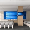 Modern Conference Room Interior With Wooden Wall Ceiling Panels And Neatly Arranged White Seats