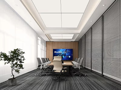 Modern Conference Room With Wooden Wall Large Screen Office Chairs Vertical Blinds And Green Plant 3d model