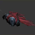 Hooded Man in Armored Attire with Flowing Red Cape Holding Sword