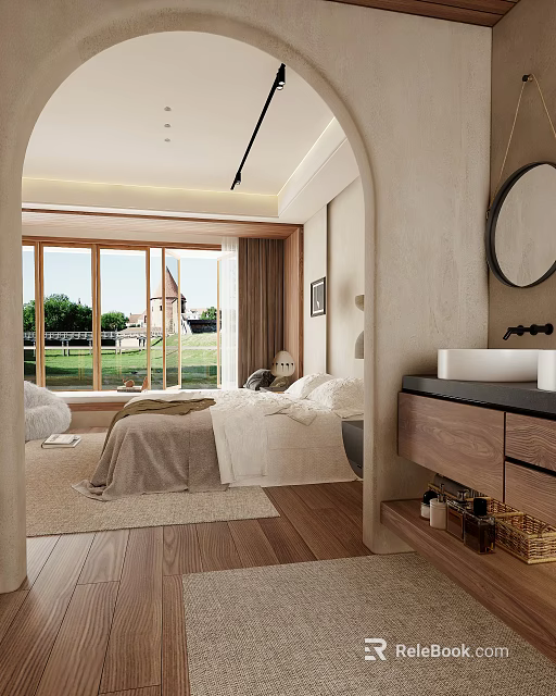 Modern Bedroom Interior With Large Windows Green View Wooden Floors And Cozy Bed 3d model 
