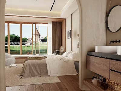 Modern Bedroom Interior With Large Windows Green View Wooden Floors And Cozy Bed 3d model