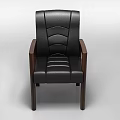 Black Leather Armchair With Wooden Armrests Sturdy Legs And Modern Design