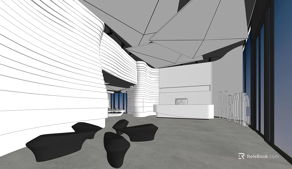 Modern Lobby Reception Desk With White Striped Walls Geometric Ceiling And Black Lounge Seats 3d model 