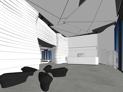Modern Lobby Reception Desk With White Striped Walls Geometric Ceiling And Black Lounge Seats 3d model