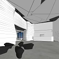 Modern Lobby Reception Desk With White Striped Walls Geometric Ceiling And Black Lounge Seats