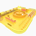 Yellow Playground Equipment With Square Platform Central Circular Rotating Disk And Striped Seats