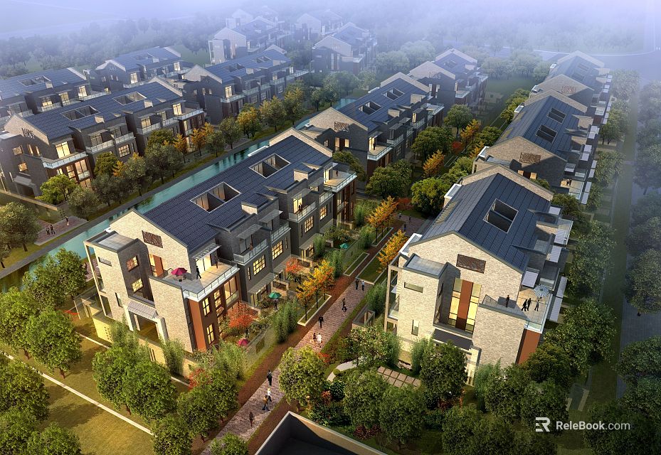 Row of Modern Townhouses with Sloped Roofs Lush Trees and Stone Exteriors 3d model 